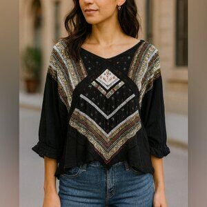 Free People Boho Embroidered Blouse Small Black Gauze Lace Trim Top